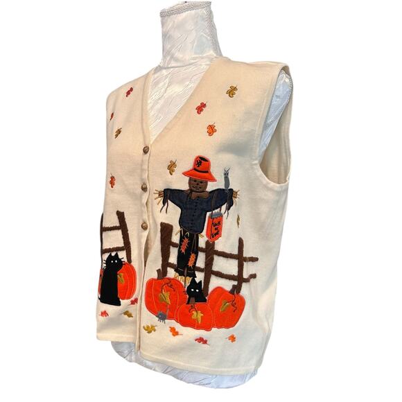 Vintage White Orange Halloween Sweater Vest Womens Sz Large Pumpkin Black Cat - Picture 16 of 16